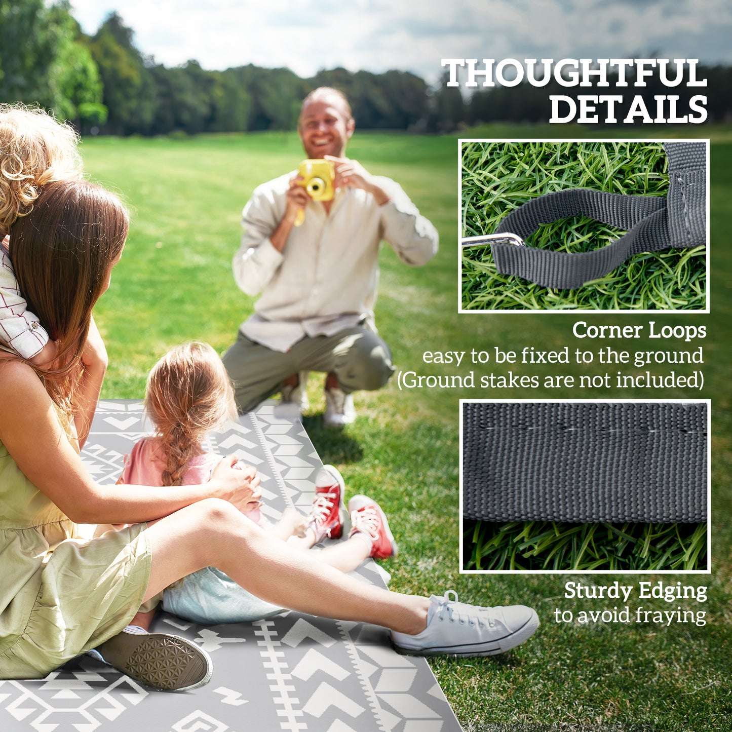Reversible Outdoor Rug - Waterproof Plastic Straw, 9' x 12', Gray & White Rhombus