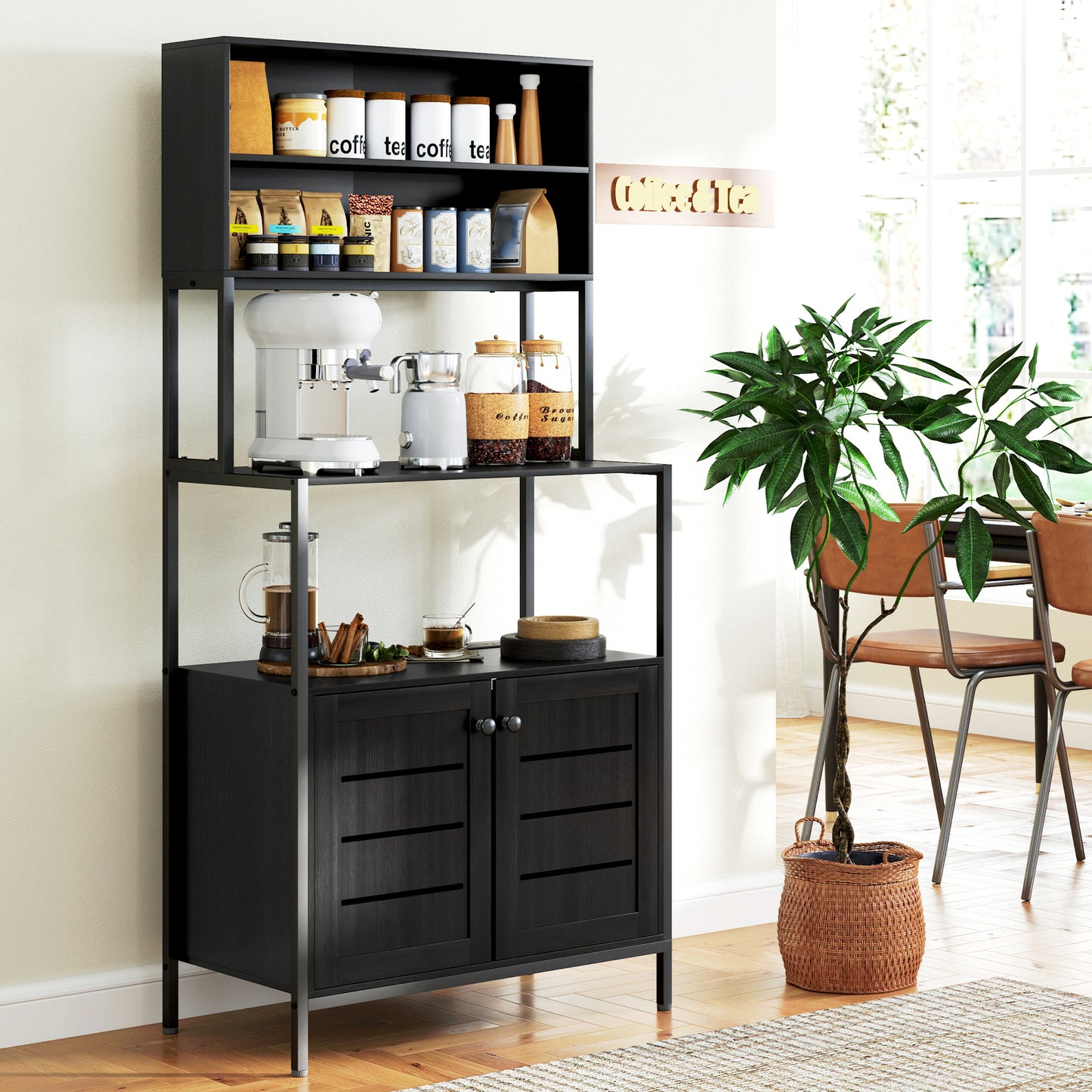 Baker's Rack with Power Outlet & Storage Shelves - Black