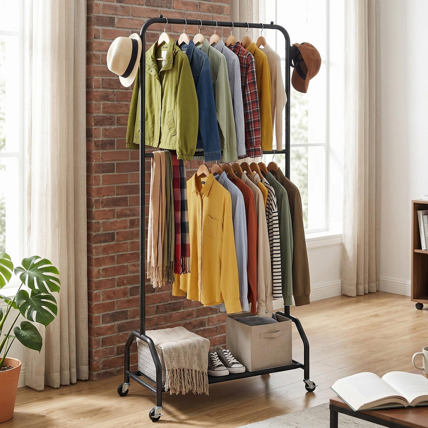 Double Hanging Clothes Rack with Wheels & Bottom Shelf - Black