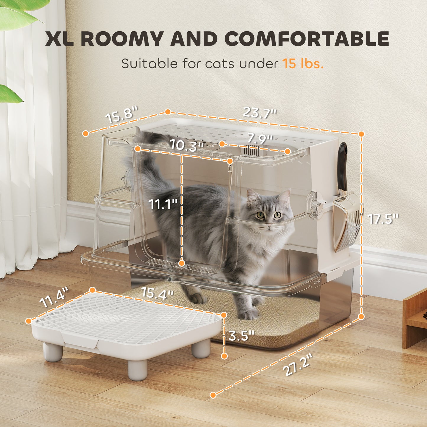 Large Enclosed Cat Litter Box with Top & Side Entry - Stainless Steel, Gray