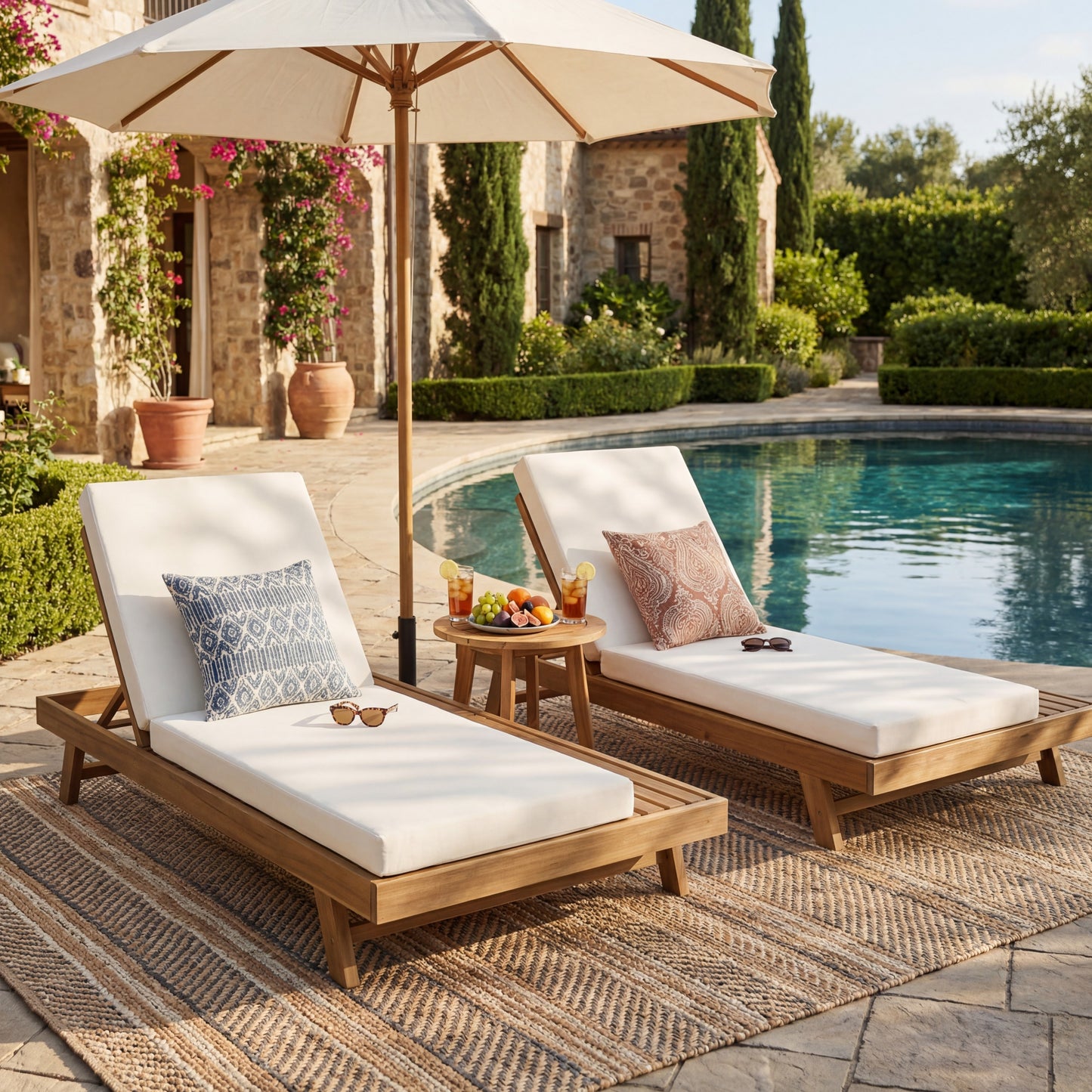 Acacia Wood Lounge Chaise Set with Water-Resistant Cushions - Cream