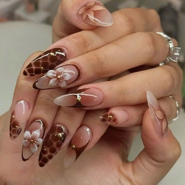 24Pcs Long Almond False Nail Set with Flowers for Manicure - W1997 Style