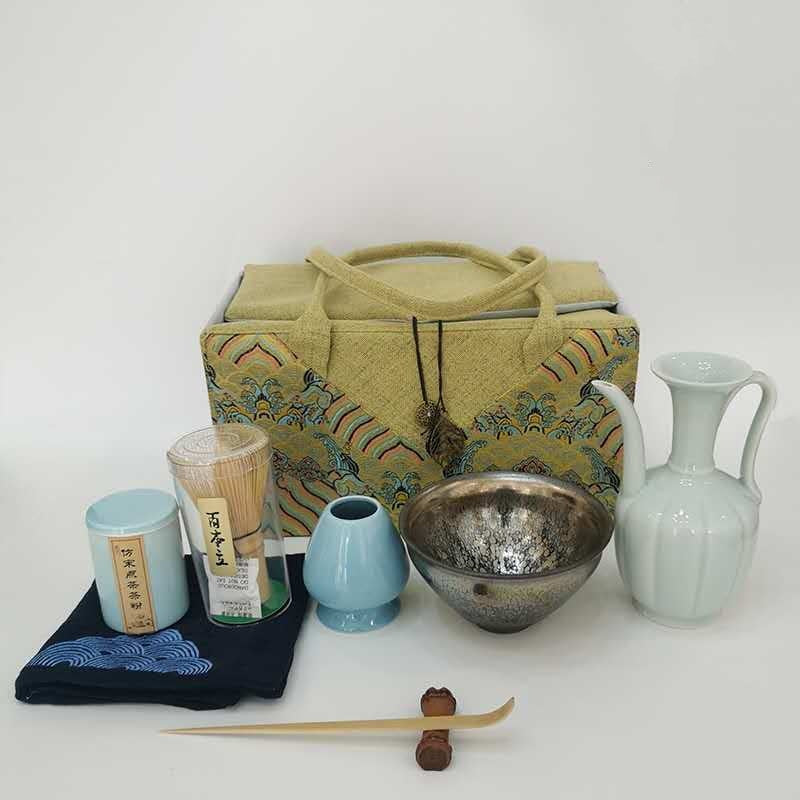 Tea Set with Bamboo Tea Bowl Brush Powder Pot and Cloth Bag - Light Luxury Kitchenware