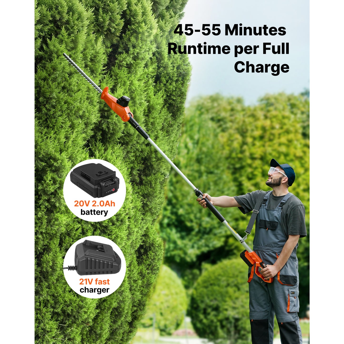 20V Cordless Pole Hedge Trimmer Kit with 18-Inch Steel Blade & Telescoping Reach