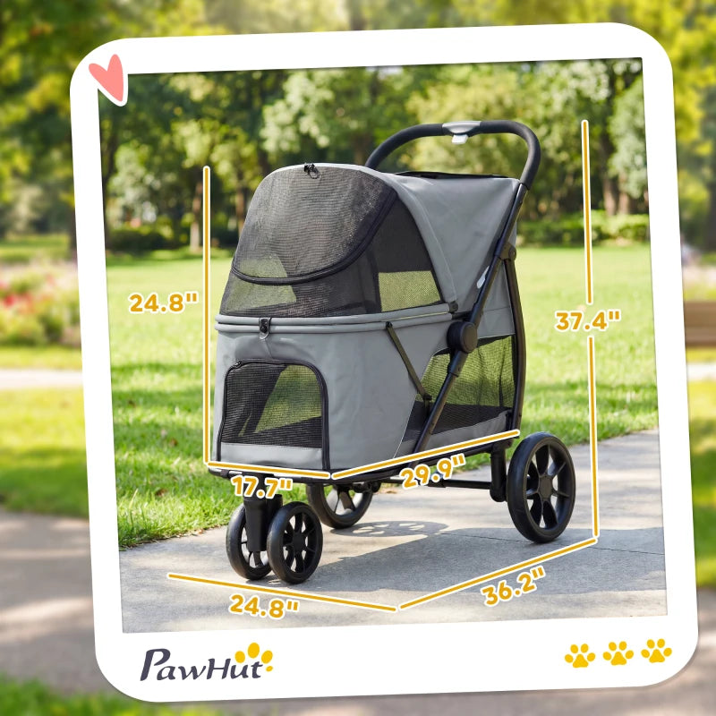 Pet Stroller for Medium Dogs - 3 Wheel Folding Canopy Mesh Window Gray