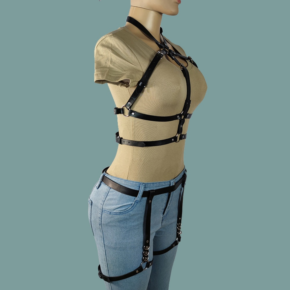 Punk Leather Body Chains - Black Layered Waist Harness Jewelry