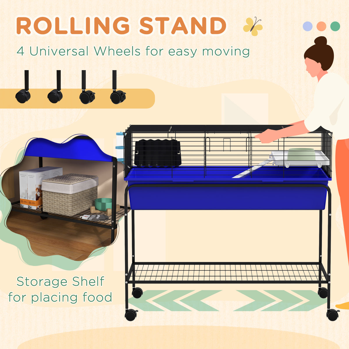Small Animal Cage with Removable Stand, Wheels & Shelf - Blue, 39 x 20.5 x 36.5 Inches