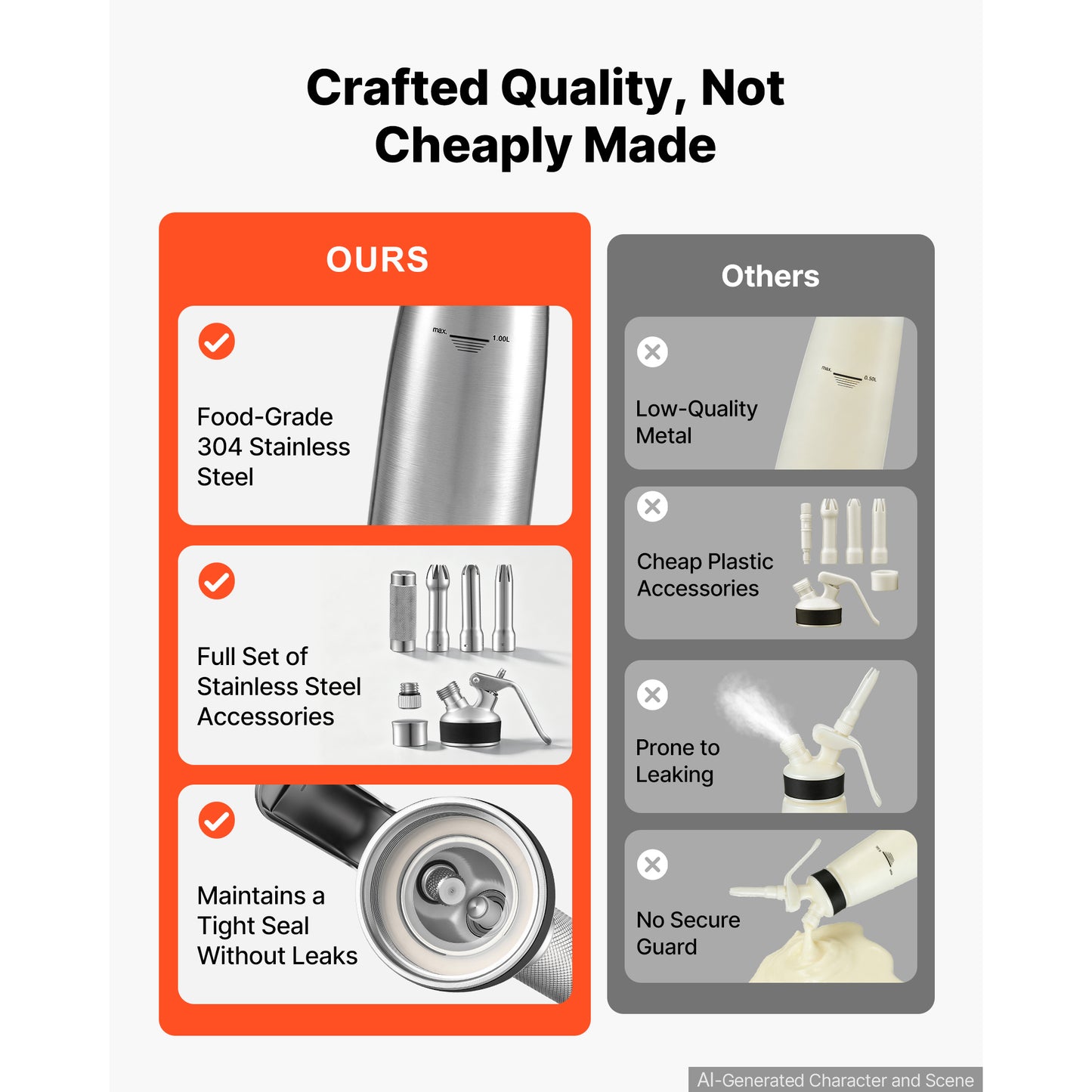 304 Stainless Steel Whipped Cream Dispenser 1000ml - Leak-Free Canister with Nozzles & Brush