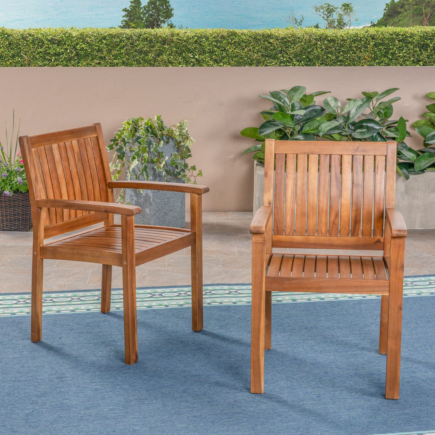 Set of 2 Teak Acacia Wood Dining Chairs - Rustic Design