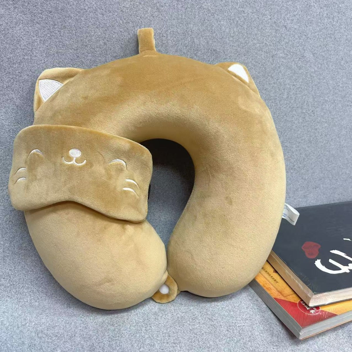 Cute Cat Memory Foam U-Shaped Neck Pillow with Attached Eye Mask - Travel & Nap Support