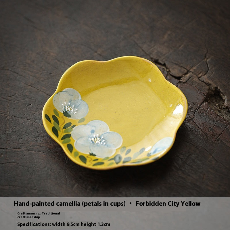 Hand Drawn Camellia Ceramic Cup and Coaster Set - 50ml Retro Kitchen Drinkware