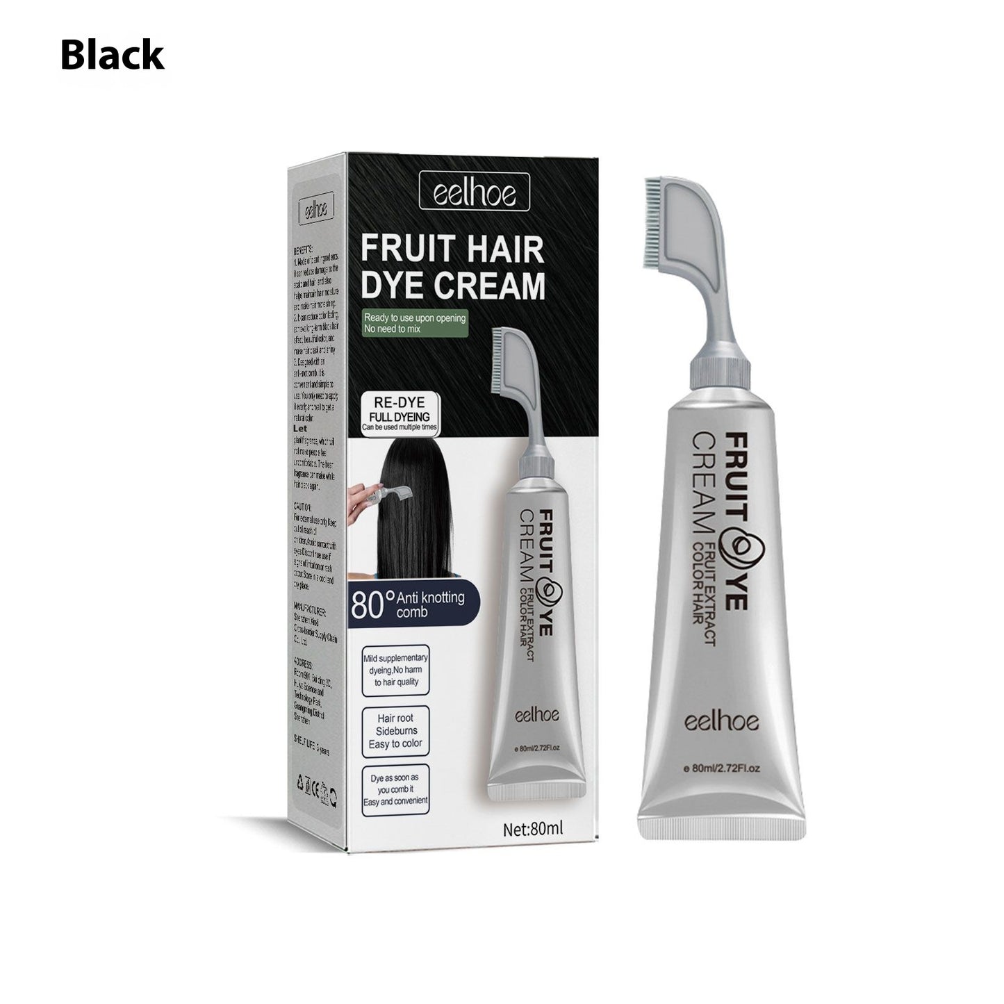 Gentle Black Hair Dye Cream with Natural Extracts - Long-Lasting Formula