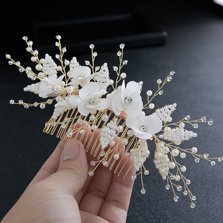 Pearl Beaded Crystal Hair Comb - Gold
