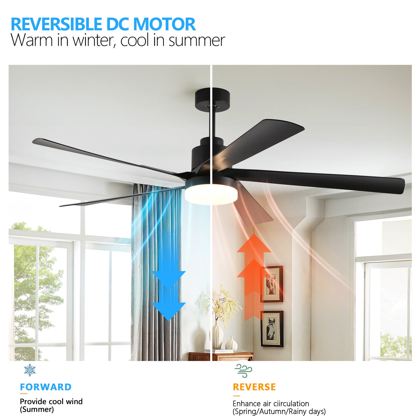 65 Inch Black Ceiling Fan with Dimmable LED Light & Remote Control
