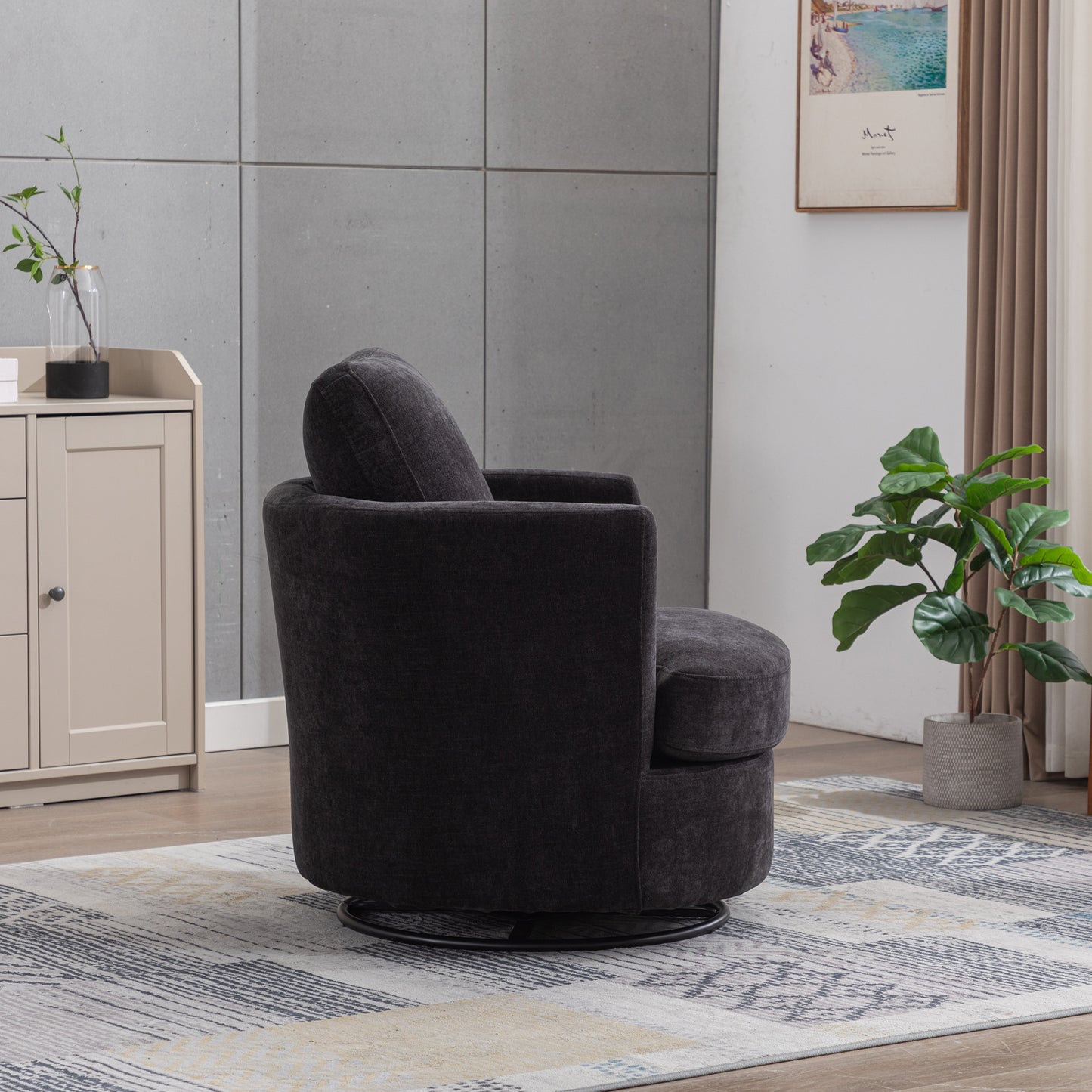 Chenille Swivel Accent Barrel Chair - Comfy Round Sofa Chair in Black