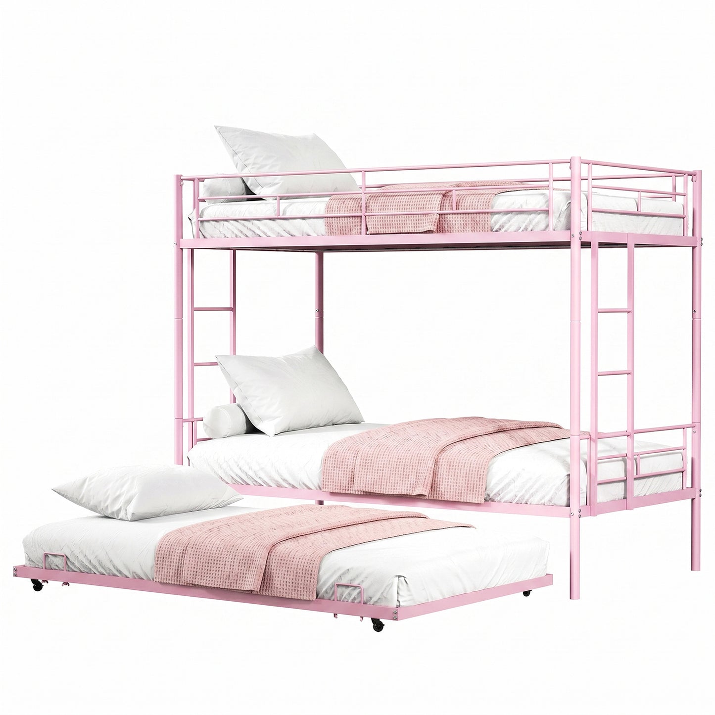 Twin Over Twin Bunk Bed with Trundle, Dual Ladder & Safety Rails