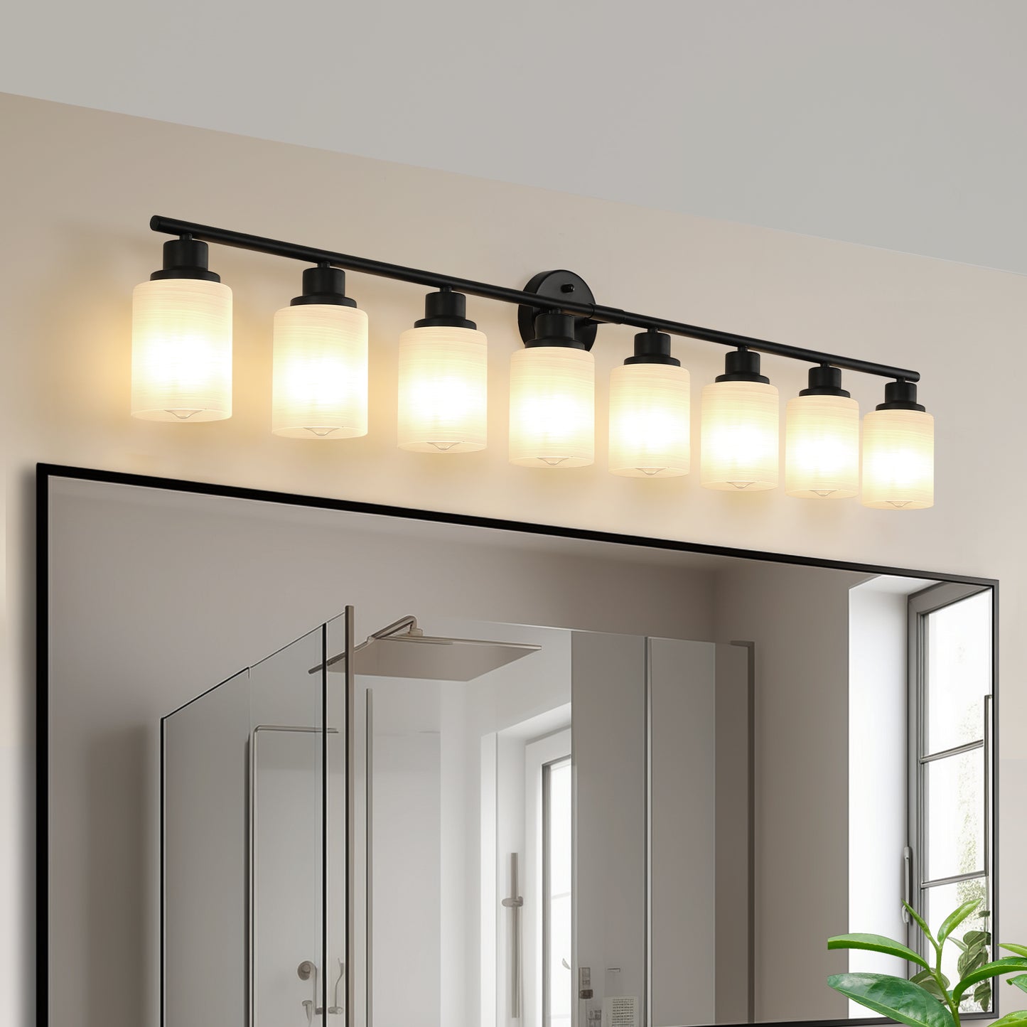 Modern 8-Light Vanity Wall Sconce - Frosted Glass & Black Frame