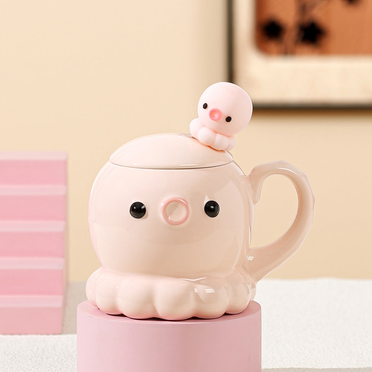 Cute Jellyfish Ceramic Coffee Mug with Cover and Spoon - 381ML