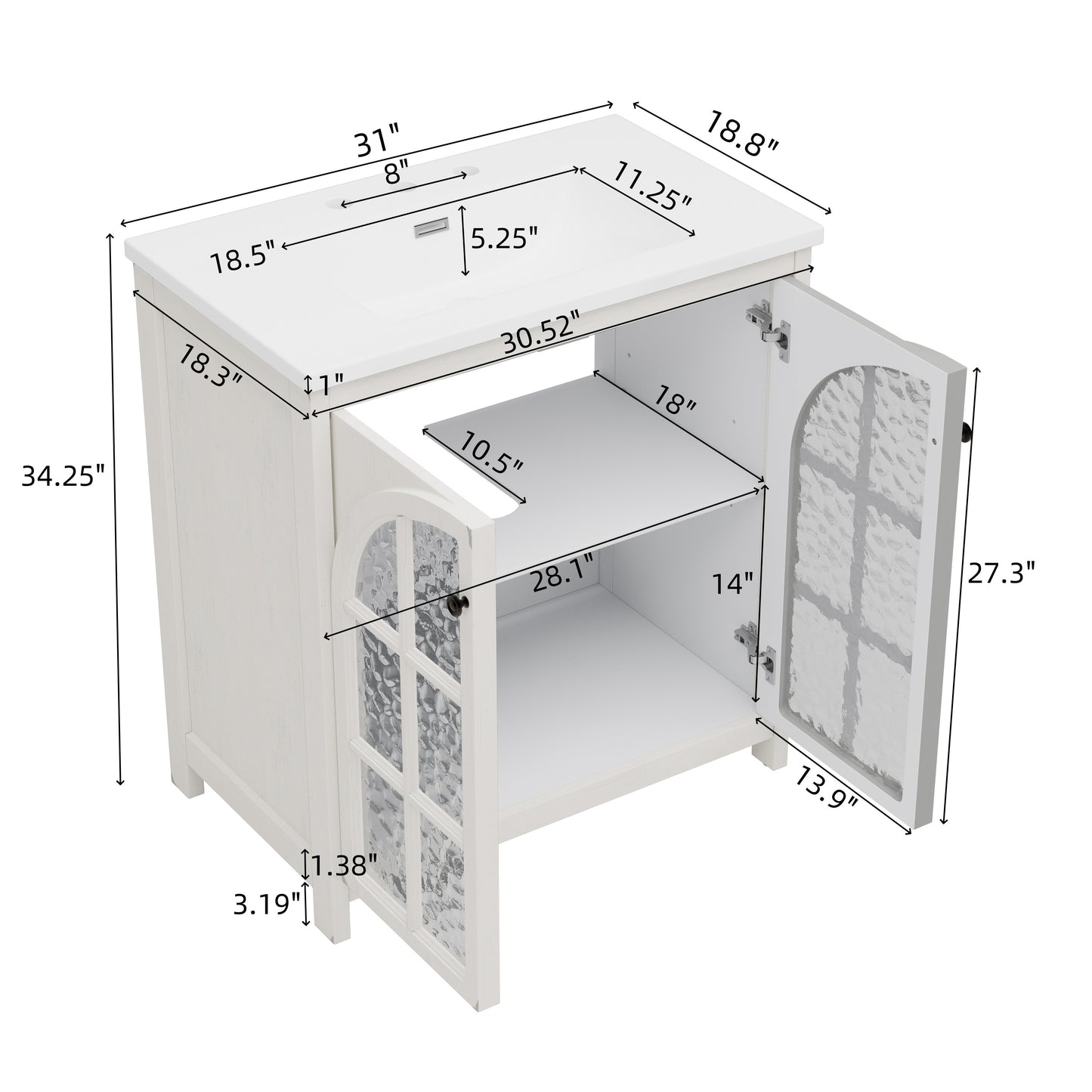 30-Inch Vintage Rustic Bathroom Vanity with Ceramic Sink - Antique White