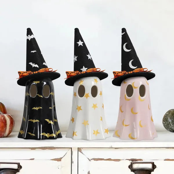 Set of 3 Ceramic Ghost Figurines with Witch Hats for Halloween Decor