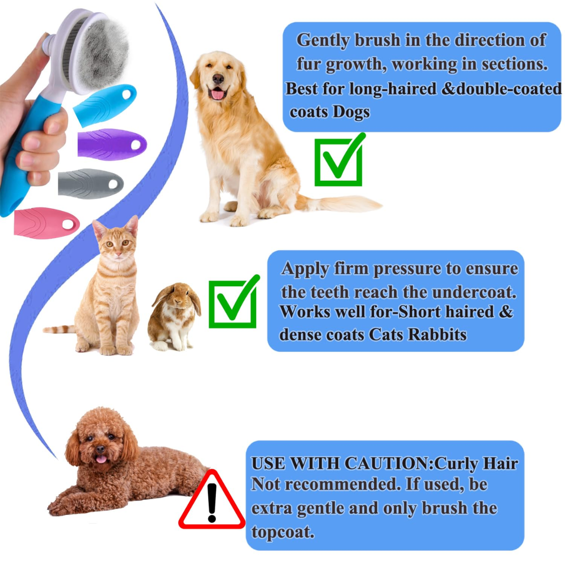 Self Cleaning Slicker Brush for Pets - Deshedding Grooming Tool for Cats, Dogs, Rabbits, Blue