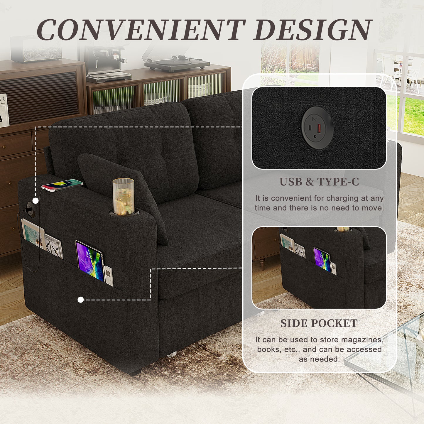 Modern 3-Seater Sofa with USB Charging & Storage - Black