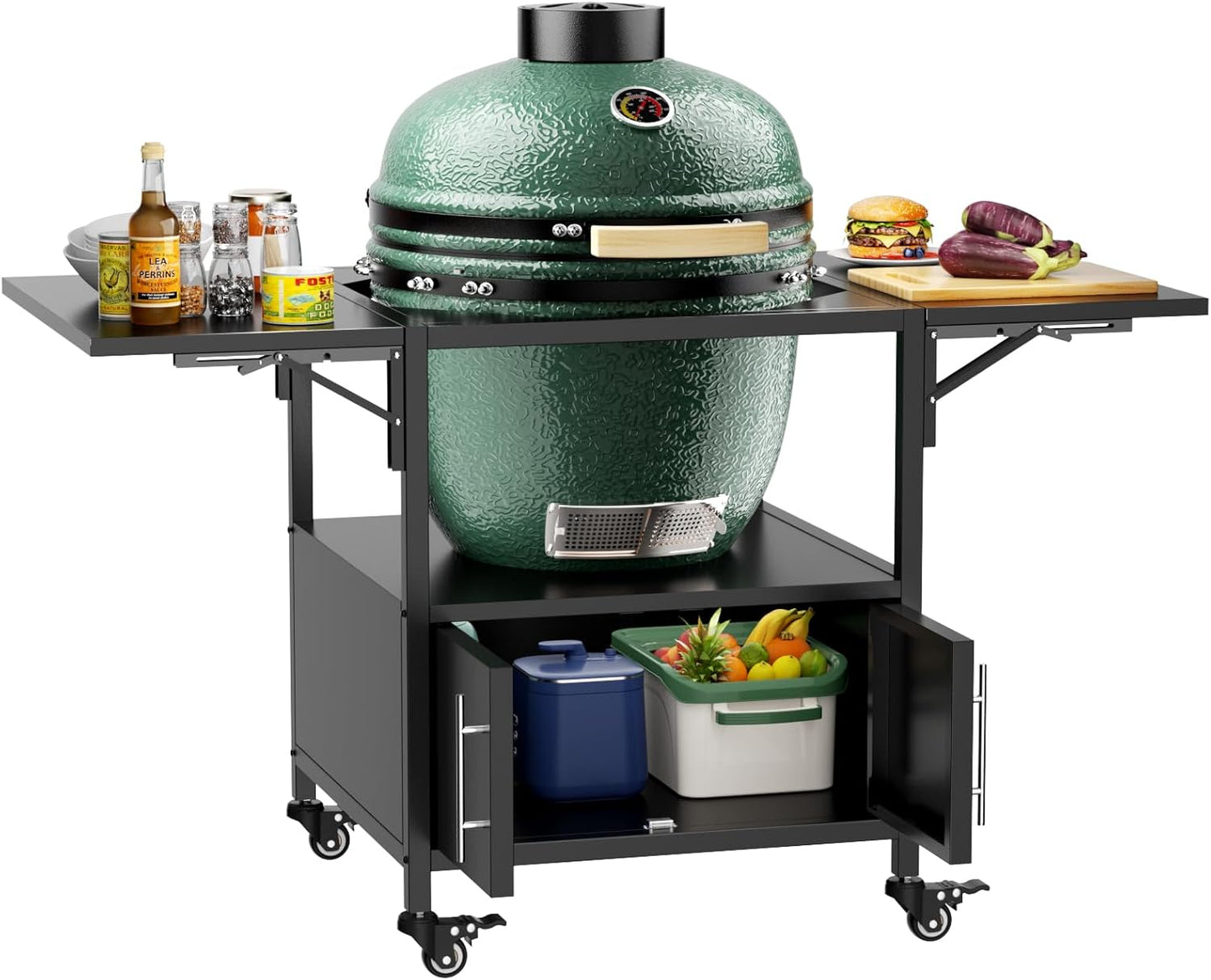 Outdoor Grill Table for Big Green Egg & Kamado Joe - Metal Cart with Folding Panels, Black