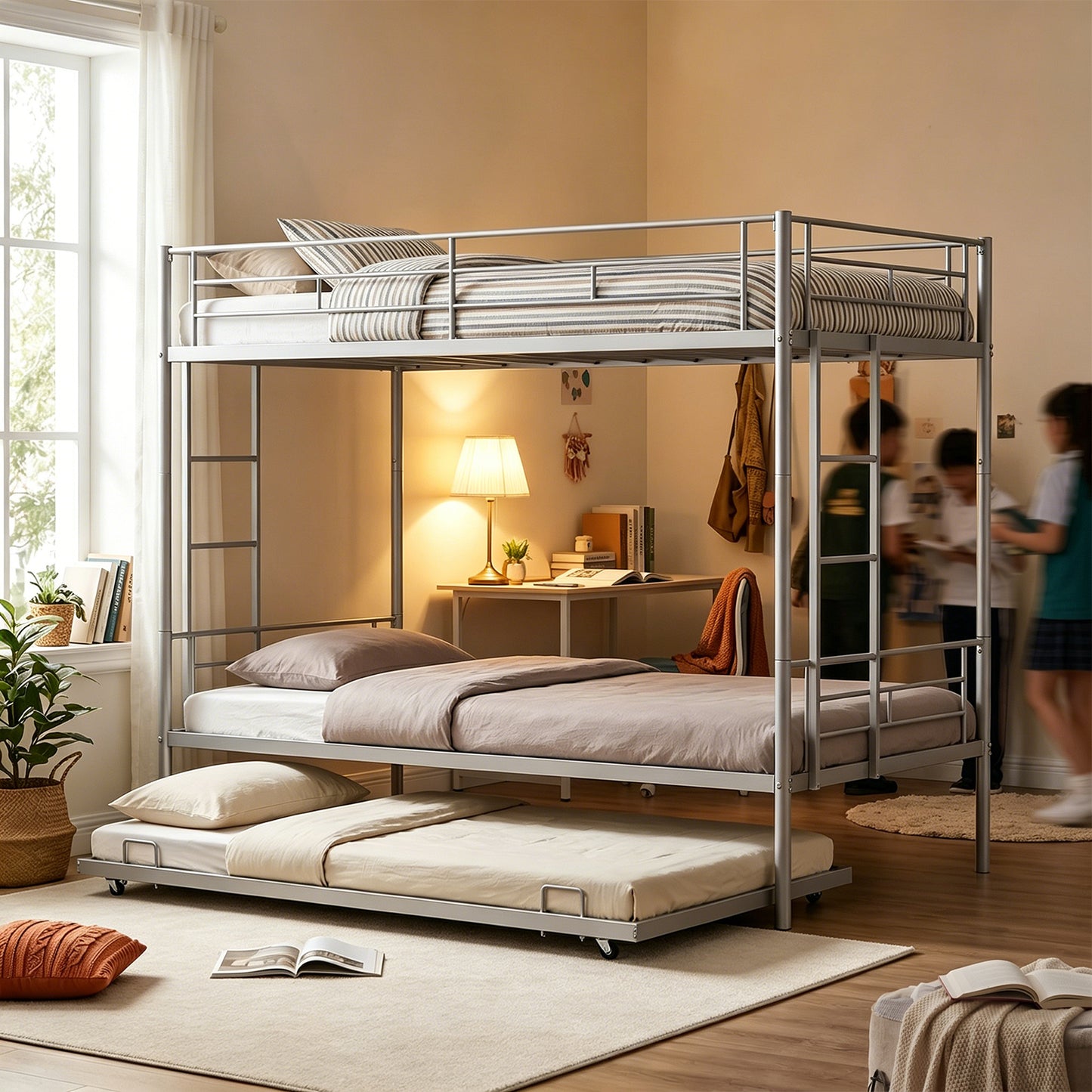Twin Over Twin Bunk Bed with Trundle and Safety Rails