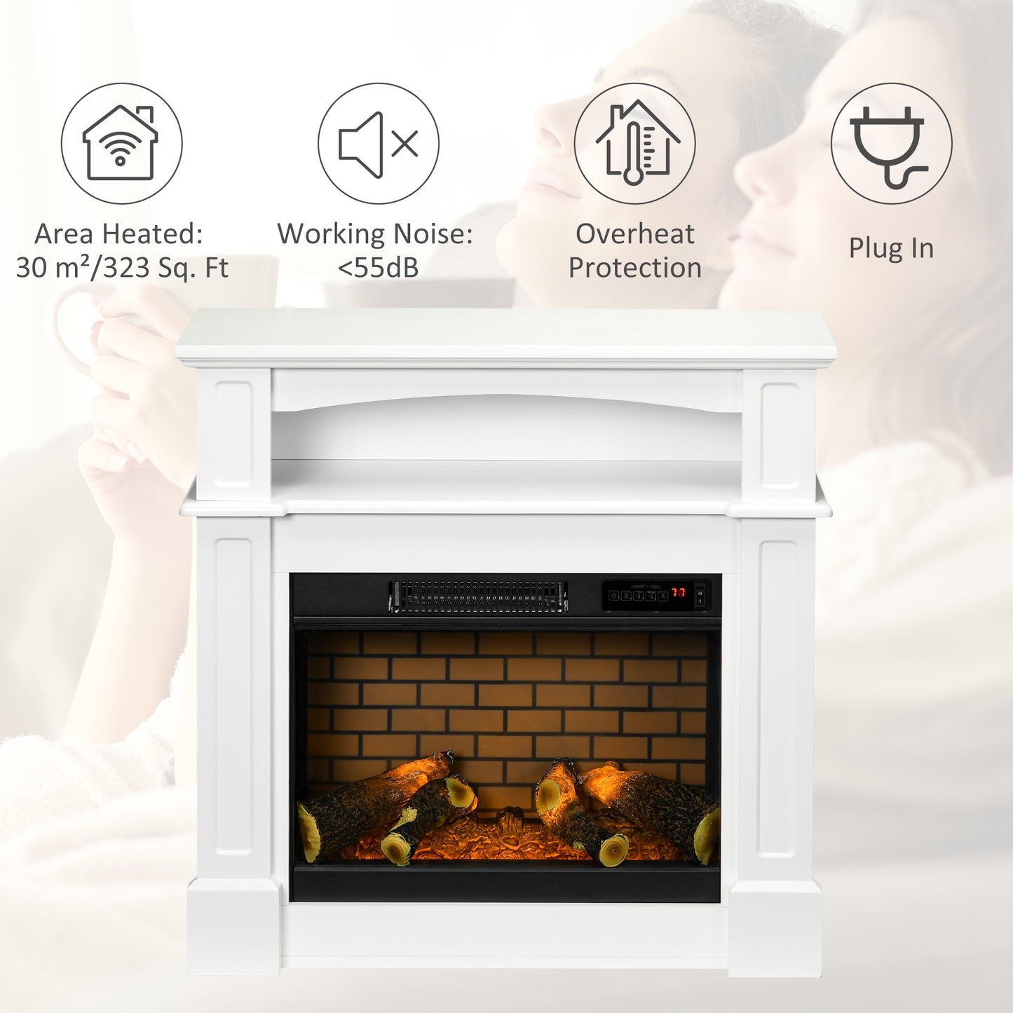 32-Inch Freestanding Electric Fireplace with LED Flame & Remote, White