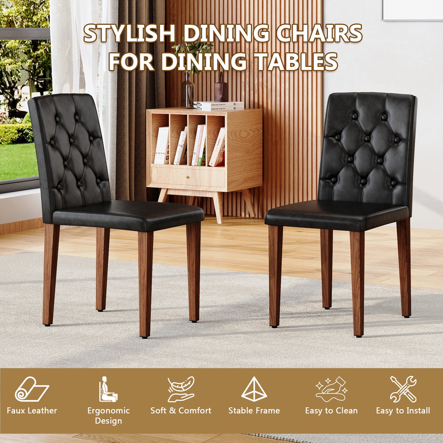 2-piece Set Of Black PU Dining Chairs Ergonomically Designed With A