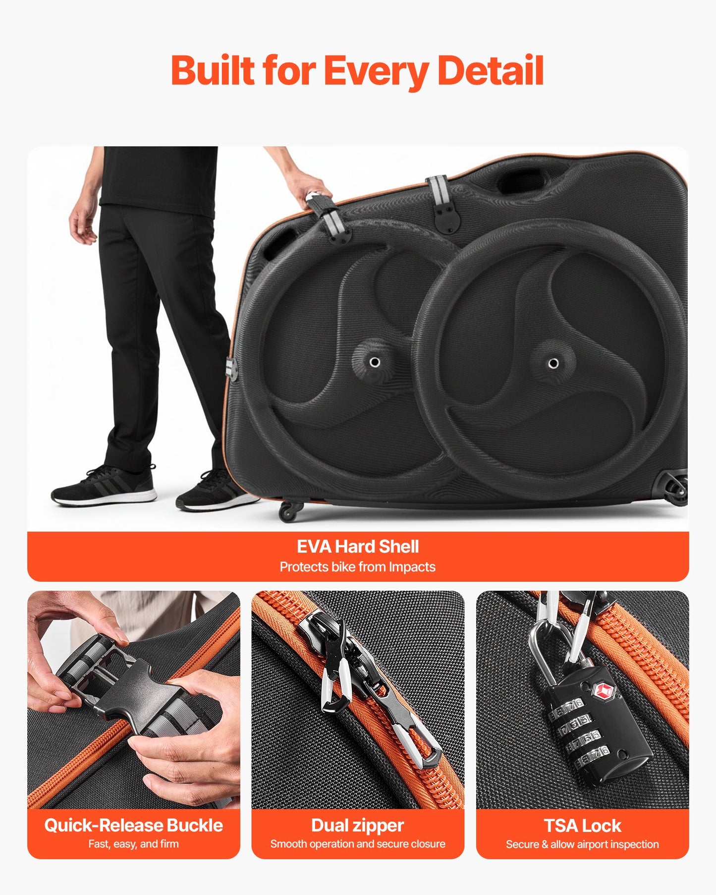 Bike Travel Case Hard Shell Bicycle Bag with TSA Lock & Wheels - Black