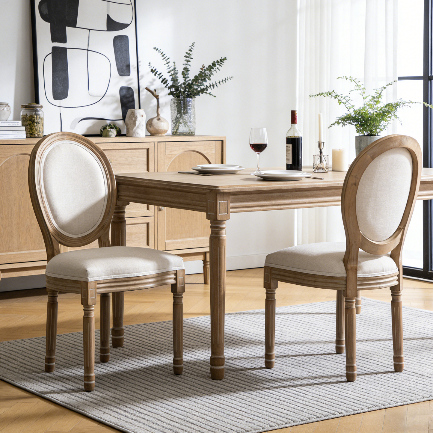 Farmhouse Dining Chairs Set of 2 - Solid Wood Frame with Linen Cushions, Beige