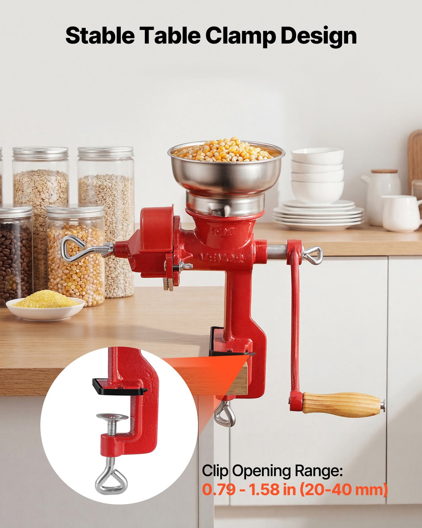 Manual Grain Mill with Clamp - Hand-Crank Coffee, Spices & Nut Grinder, Cast Iron, Black