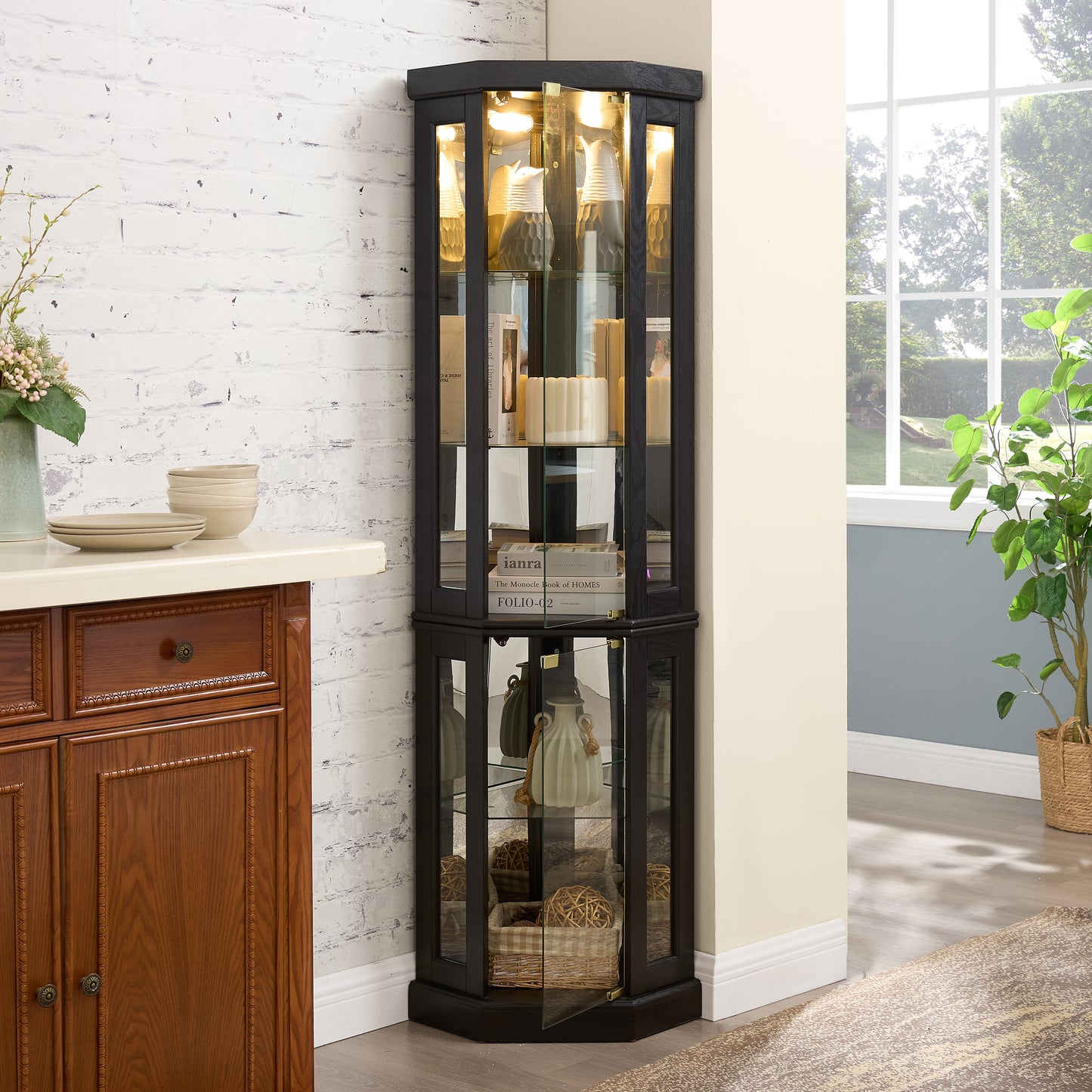 Lighted Corner Curio Cabinet - Display Case For Living Room, Antique