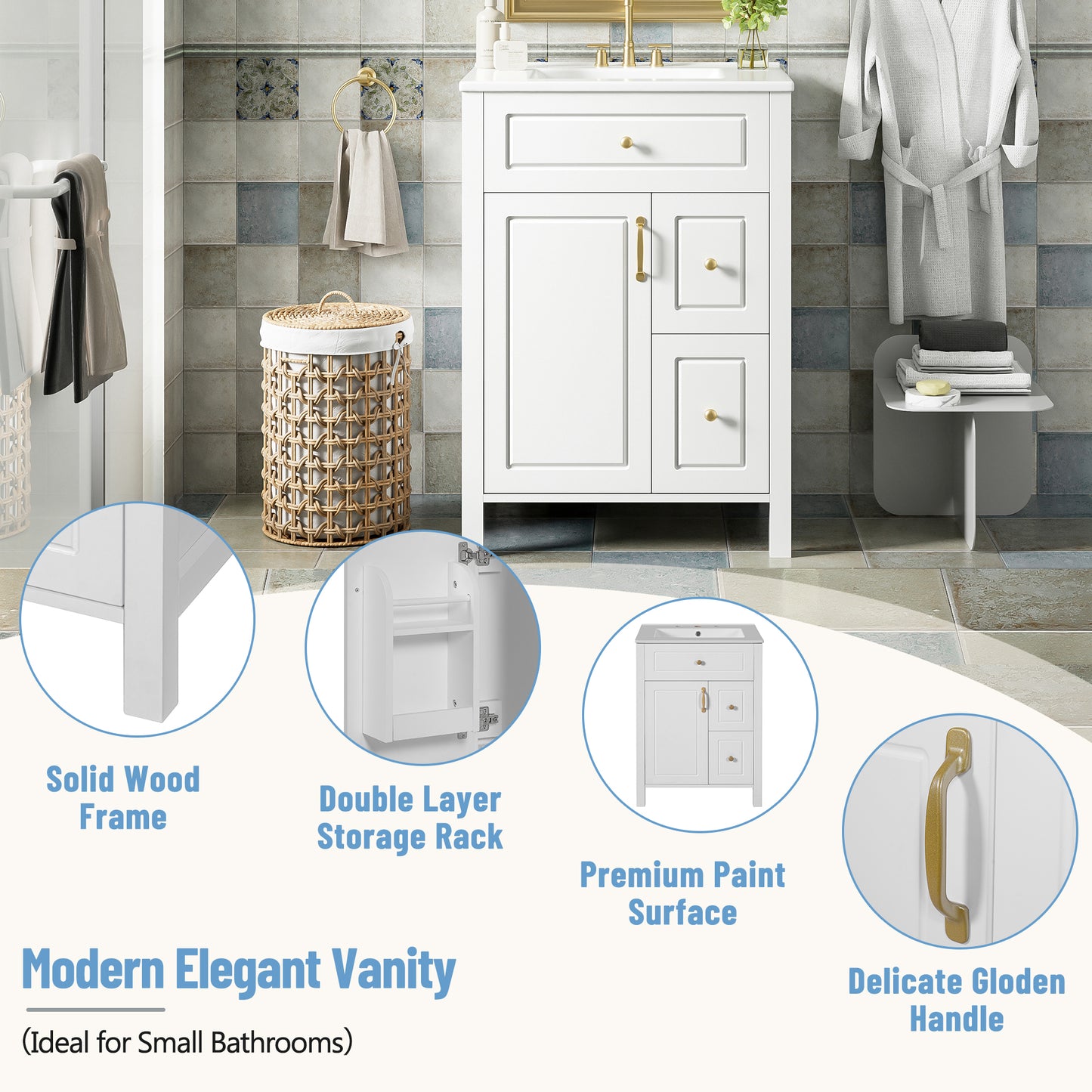 24-Inch Bathroom Vanity with Ceramic Sink and Storage Racks - White