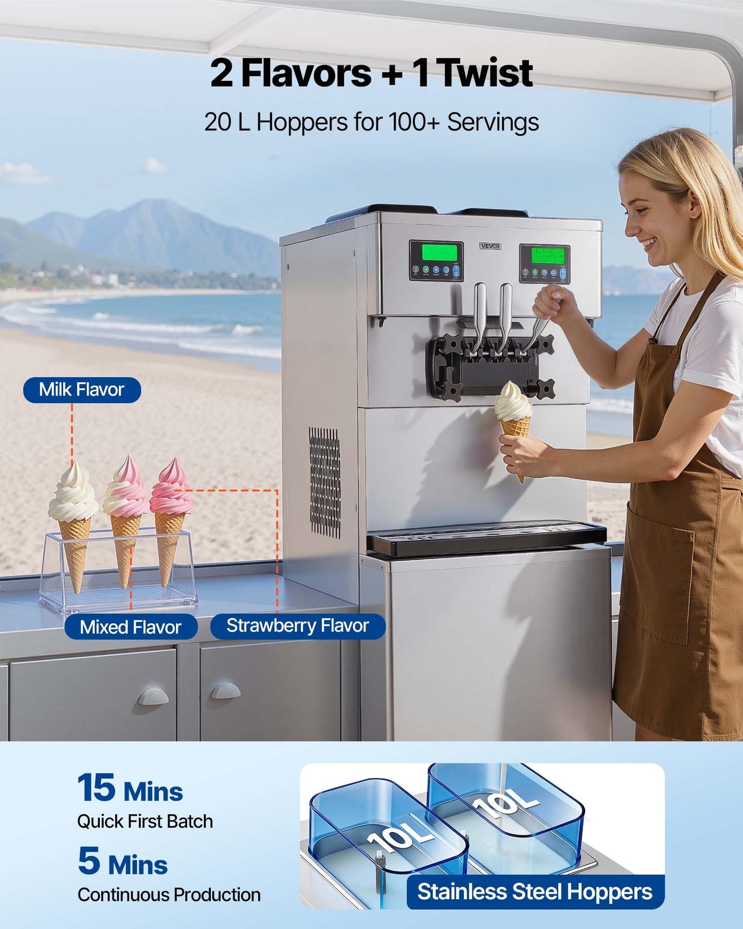 Commercial Ice Cream Machine 34-44L/H Dual Compressor Freestanding Soft Serve Maker with 2 10L Hoppers & 3 Flavors