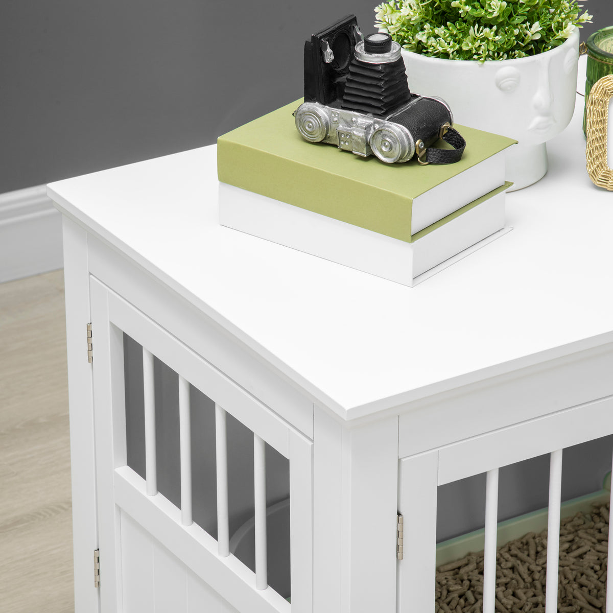 Wooden Dog Crate End Table with Triple Doors - Small Dog Furniture, White