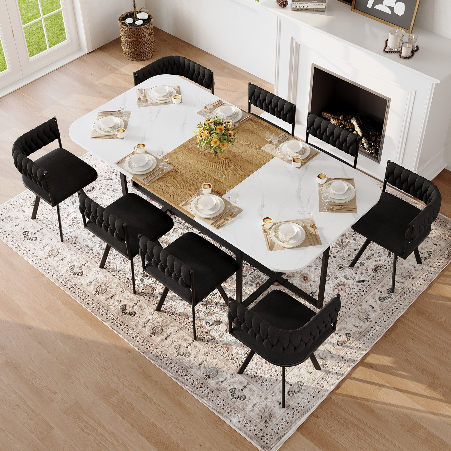 9-Piece Square Dining Table Set, Fixed White Faux Marble & Wood Grain