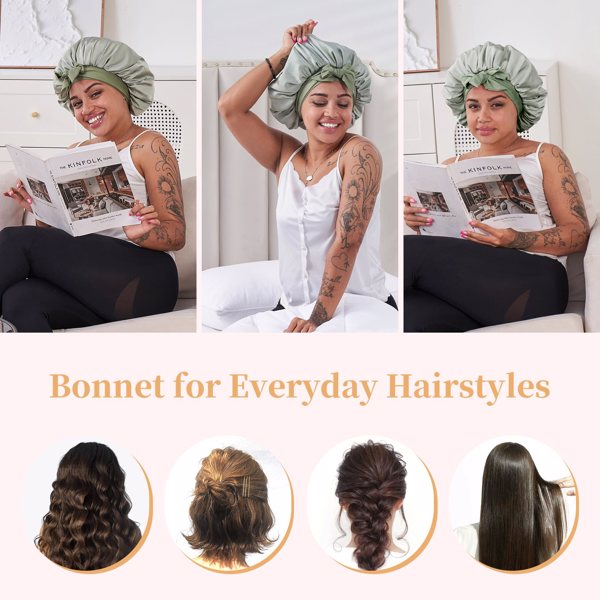 Silk Sleep Bonnet for Hair Care - Adjustable Green Cap