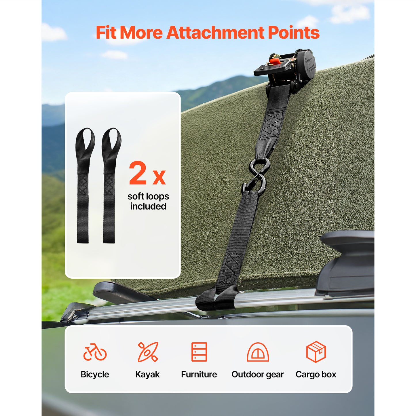 Retractable Ratchet Straps 2 in x 10 ft Tie Down Kit with Hooks, Soft Loops, 3033 lbs Break Strength — 2 Pack
