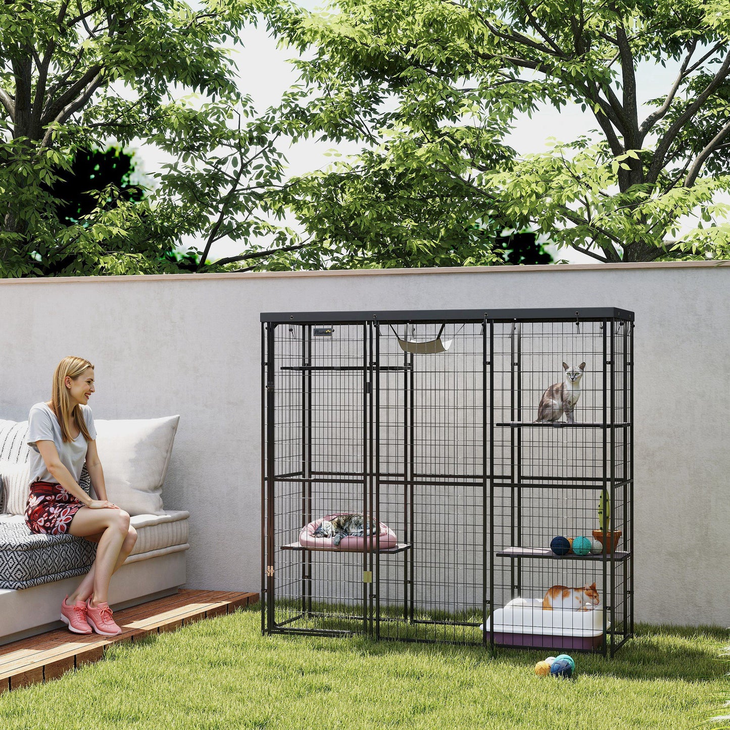 Outdoor Cat Enclosure with Waterproof Cover, 4 Platforms & Hammock for 1-3 Cats
