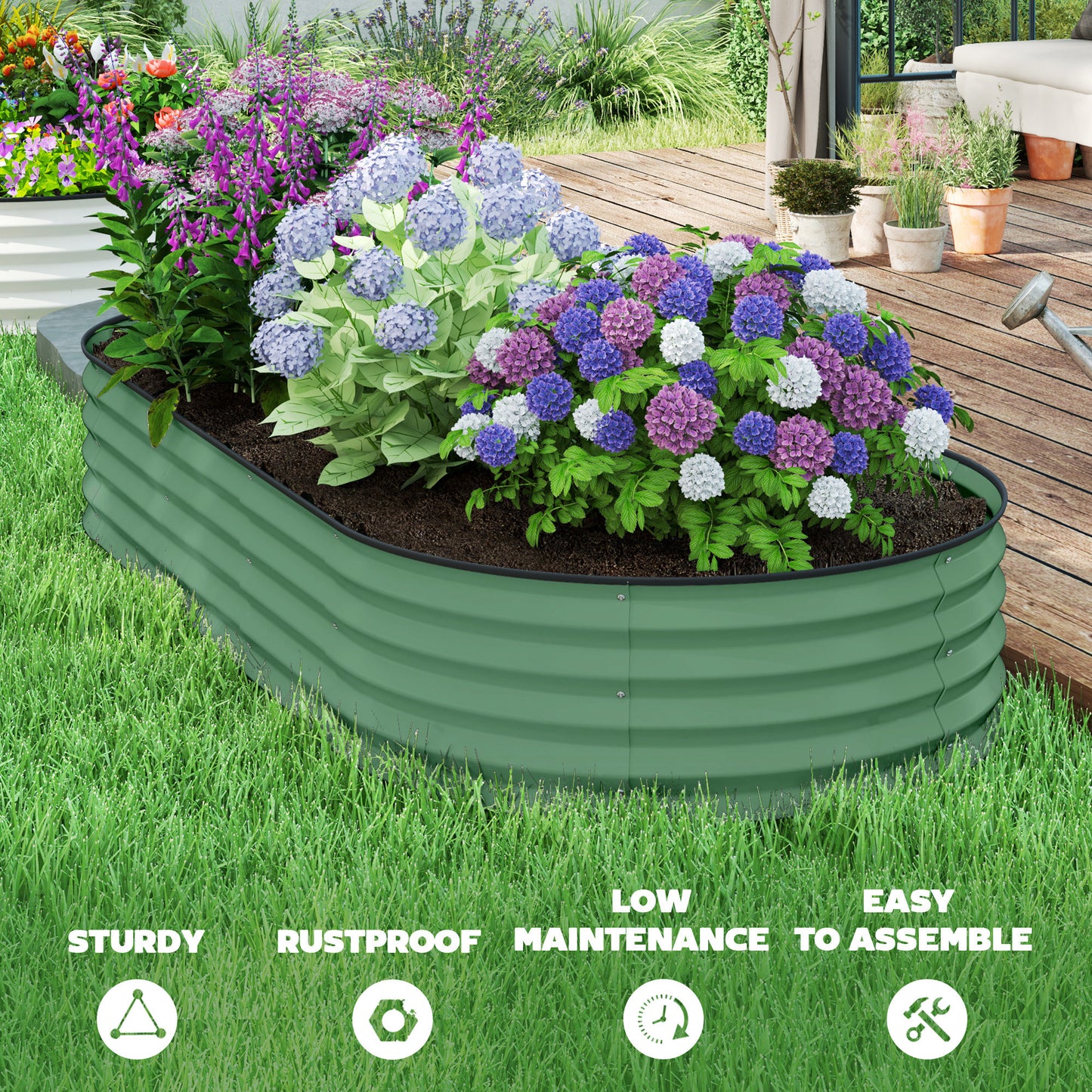 Raised Garden Bed Set with Metal Stakes - Green, 2-Pack, 575x375x140mm