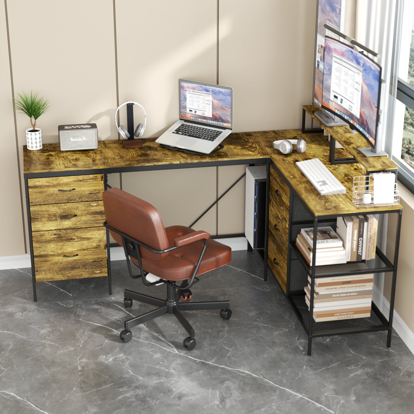 114 L-shaped Desk With Power Hub, Industrial Gaming - 6 Drawers,