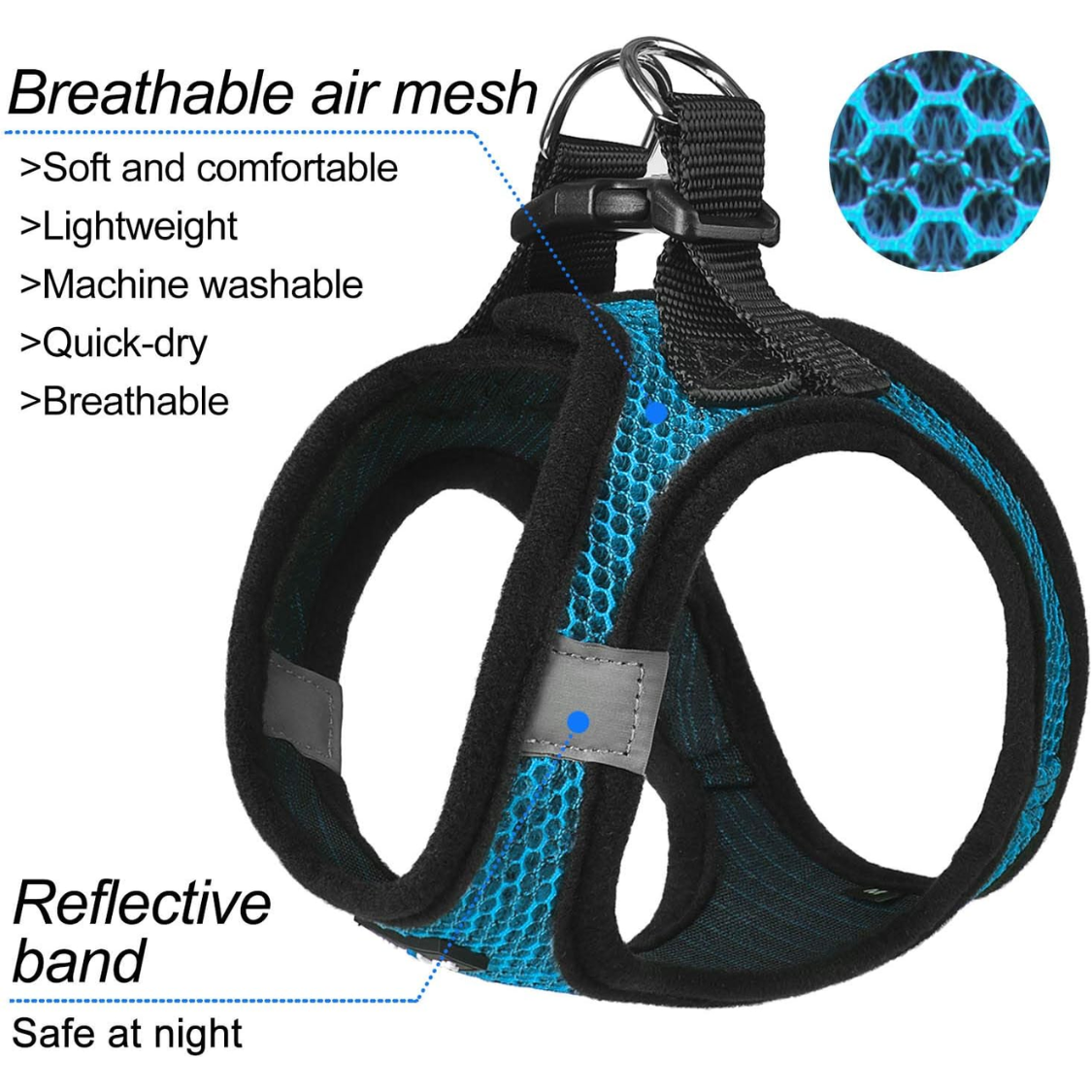Breathable Dog & Cat Vest Harness with Leash - Small Medium Pets, Blue