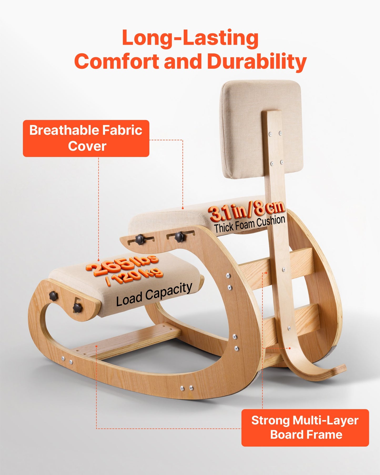Ergonomic Kneeling Chair with Wooden Frame and Adjustable Cushions for Back Relief