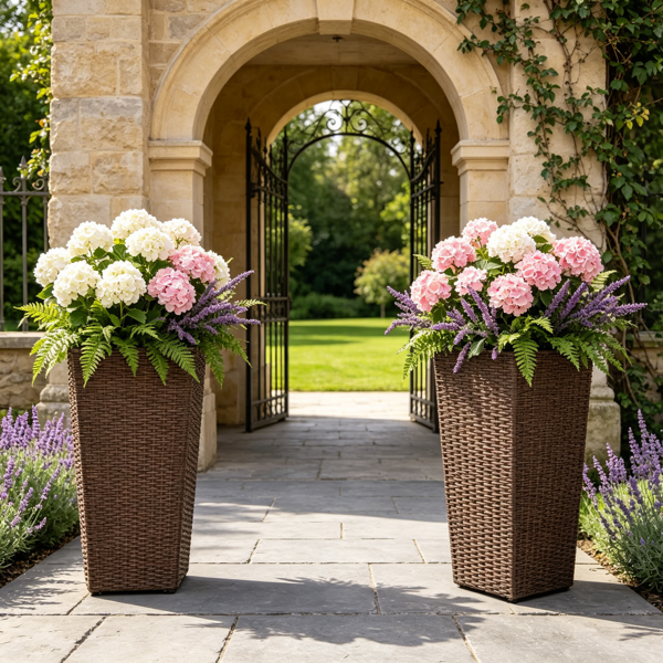 Set of 2 Rattan Planters with Removable Inner Pots & Adjustable Metal Frames - Brown Garden Decor