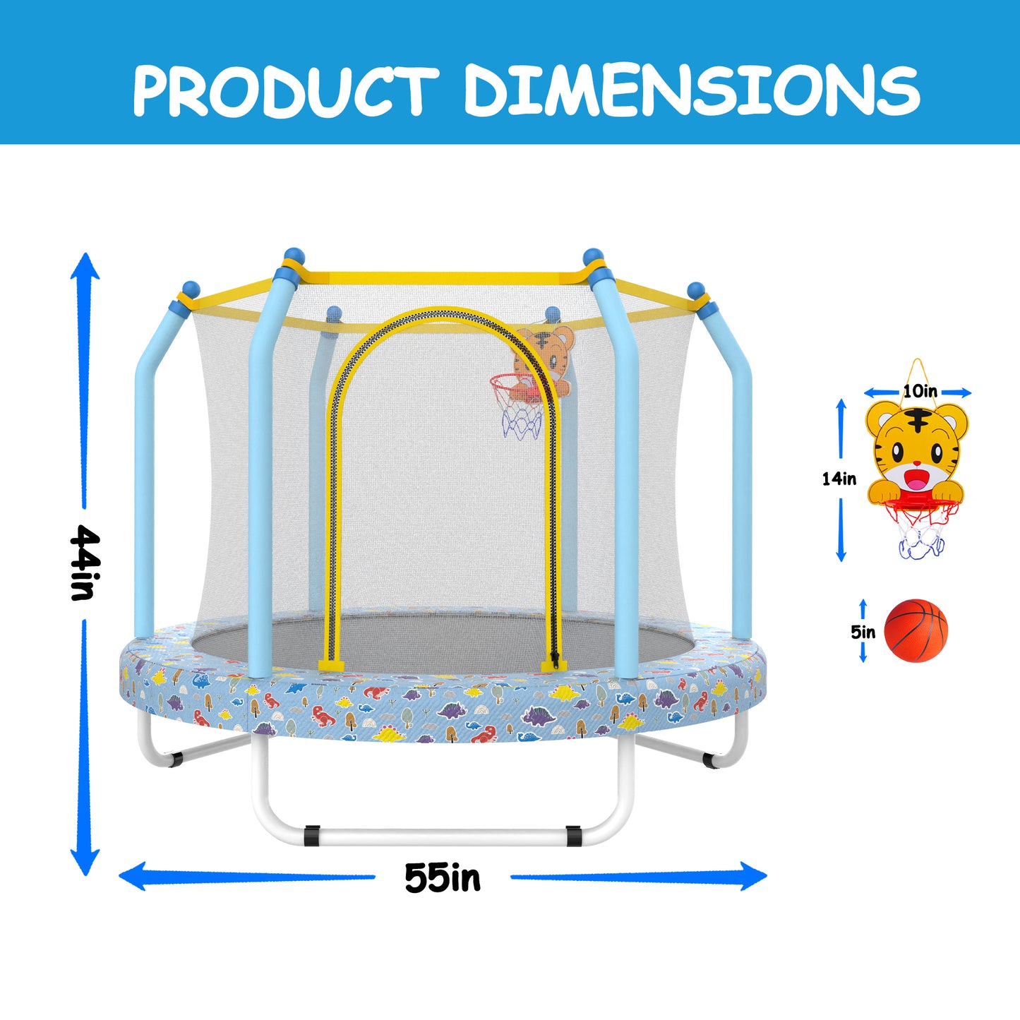 55-Inch Toddler Trampoline with Basketball Hoop - Blue Forest