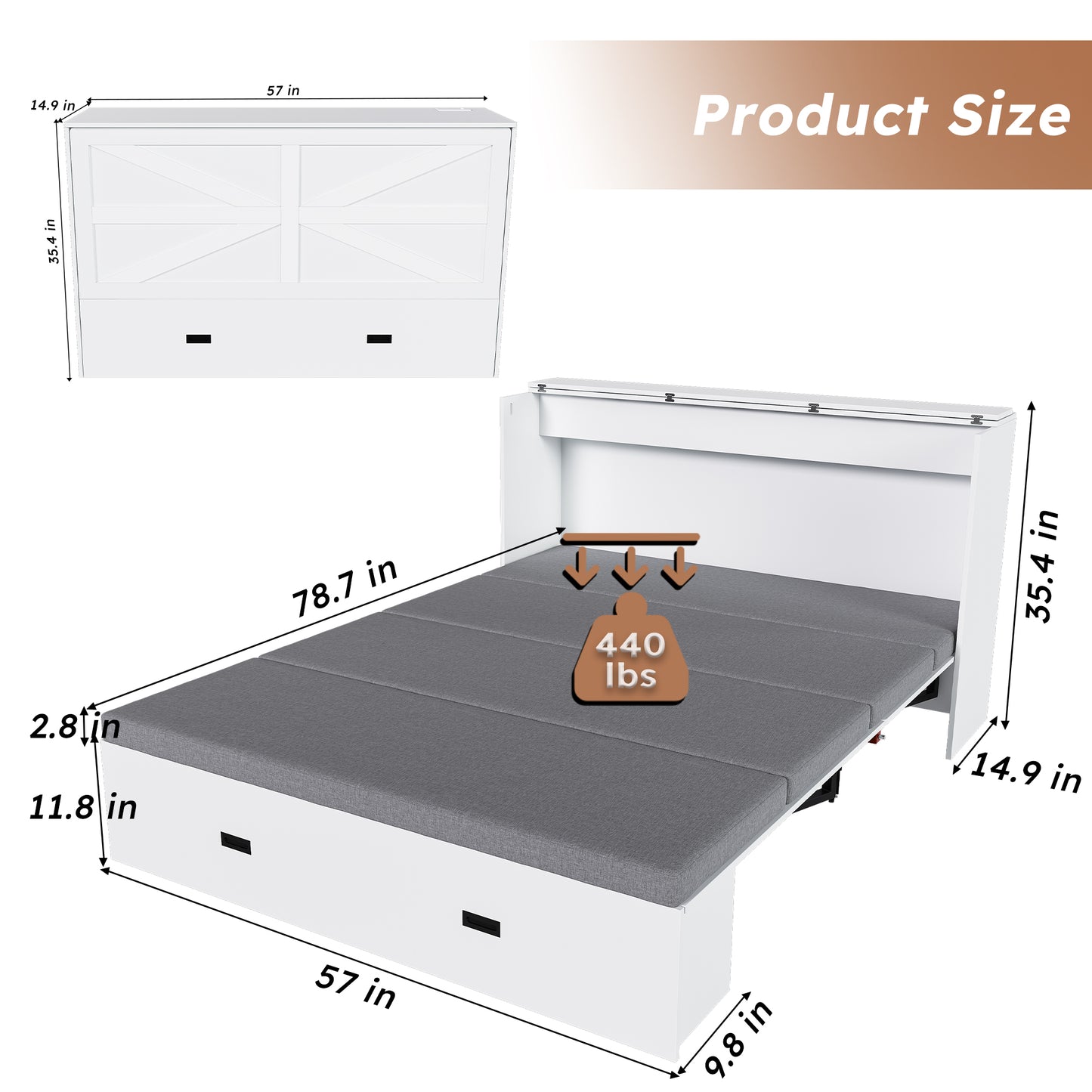 57 Inches Murphy Bed, With Storage Drawers And Charging Cabinet,