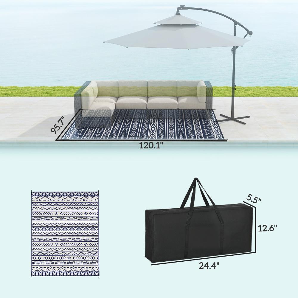 Reversible Outdoor Rug - Waterproof Blue & White Geometric, 8x10