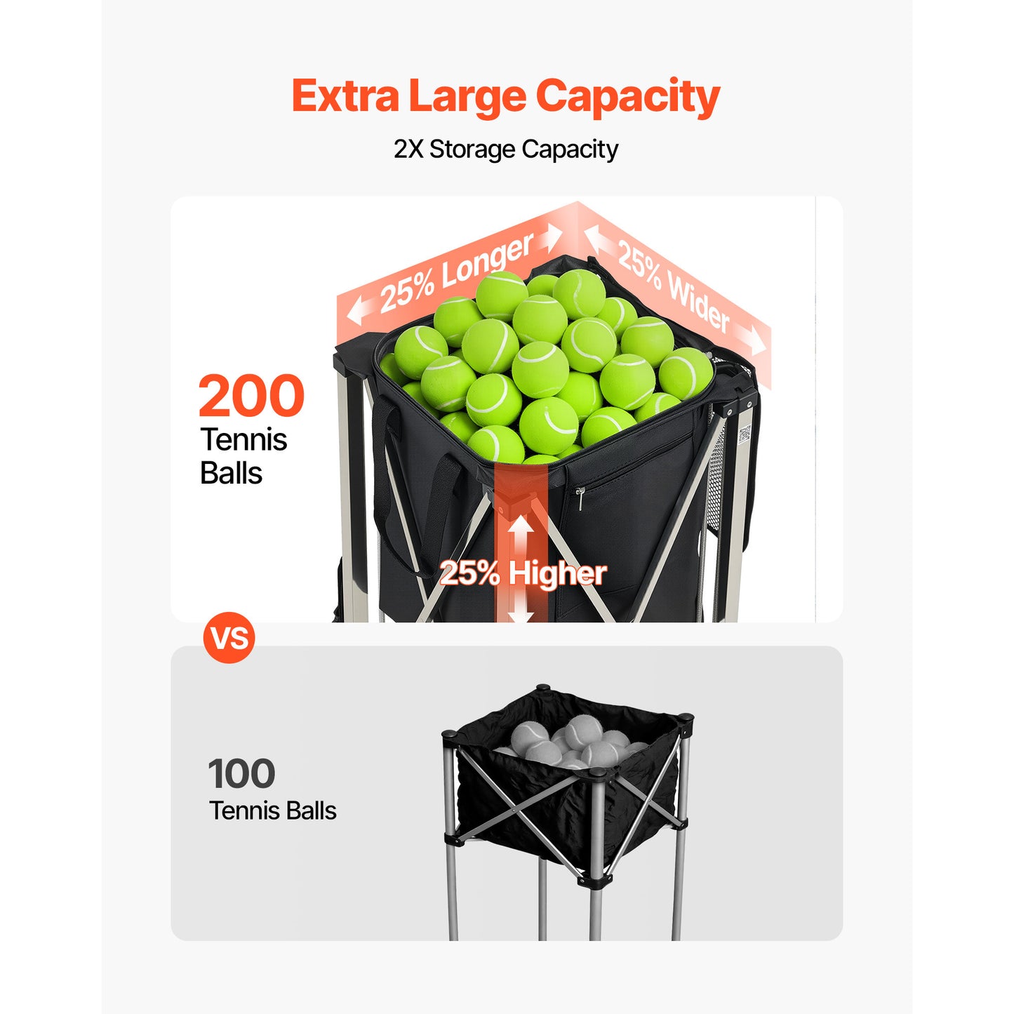 Tennis Ball Hopper with Wheels - Holds 200 Balls, Foldable Pickup Basket for Training